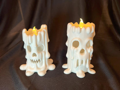 Halloween Skull Candle Pair: Gothic Melting Wax LED Decor