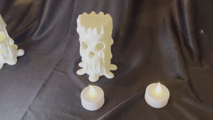 Halloween Skull Candle Pair: Gothic Melting Wax LED Decor